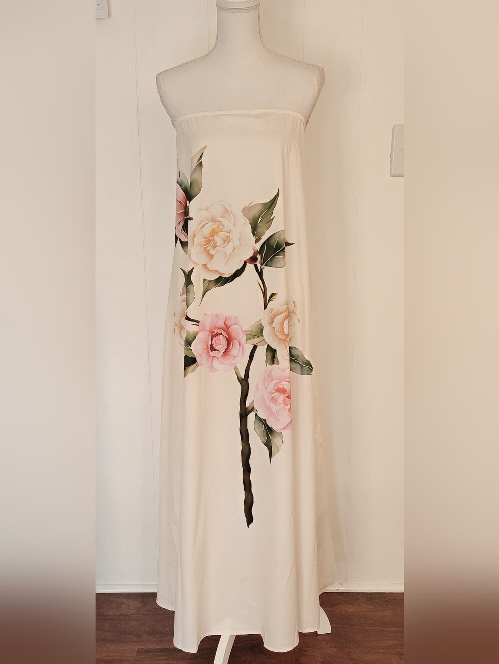 SHEIN Cream Strapless Maxi Dress with Pink Floral Print